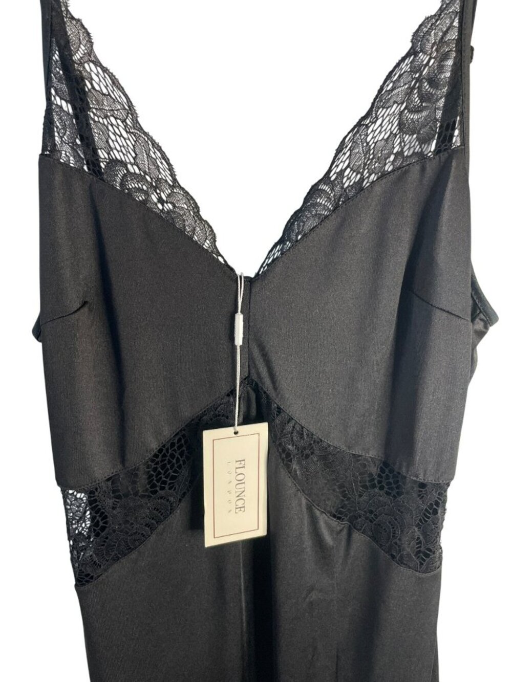 Flounce London Black Maxi Dress With Lace Inserts & Thigh Split Size 10 NWT - Picture 3 of 7